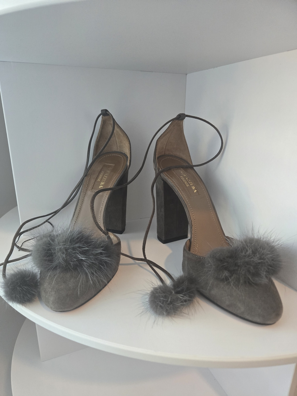 Aquazurra Suede Pom-Pom Lace-Up Block Heels - Gray